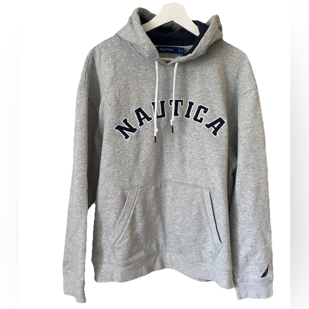 Nautica Light Gray Pullover Hoodie with Navy Logo - Picture 2 of 8